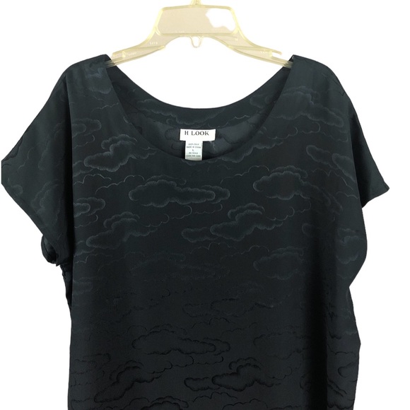 SHIRT - Women's H Look Black Silk Blouse With Subtle Cloud Pattern. Size Large. - Picture 3 of 13